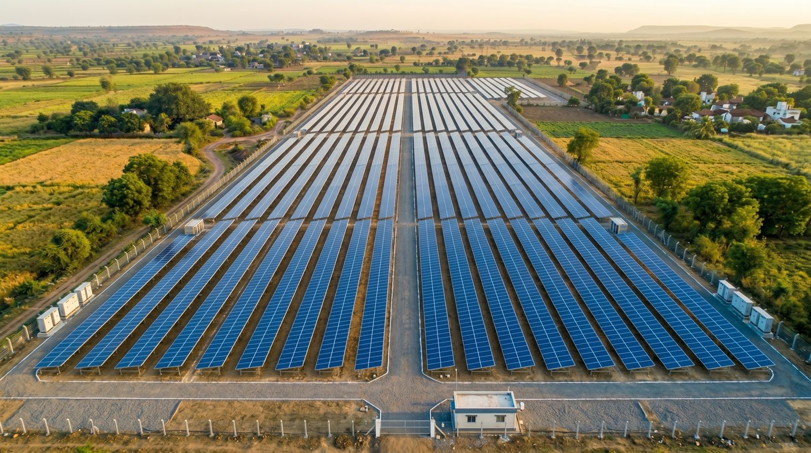 Aerial view of a solar park surrounded by fields and villages